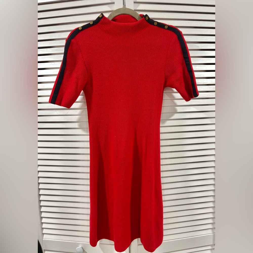 Tory Burch Red Ribbed Knit Dress Gold Button Shoulder | Size Small
